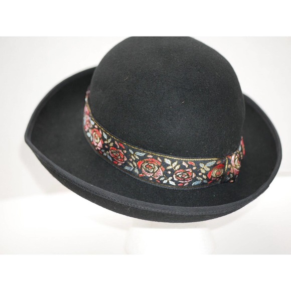 VTG Street Smart by Betmar Ladies Bowler Hat Black Floral 100% Wool Felt USA - Picture 11 of 13